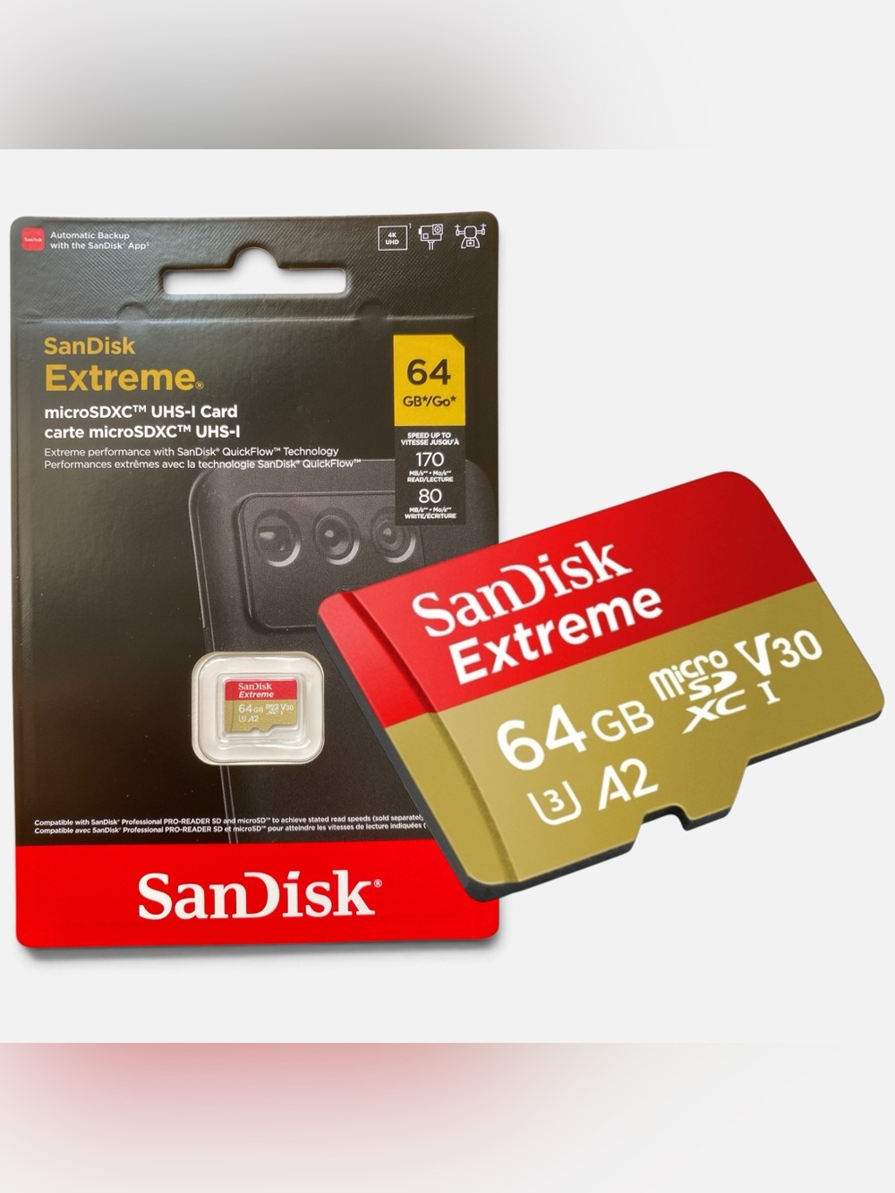 SanDisk Extreme 64GB microSDXC UHS-I Memory Card A2 V30 170MB/s for 4K